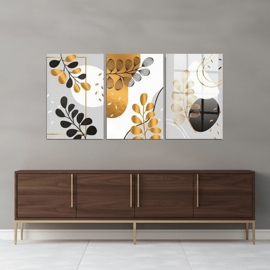 Golden Botanical Leaves Glass Wall Art