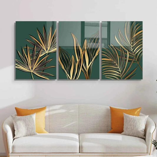 Golden Tropical Leaves Glass Wall Art