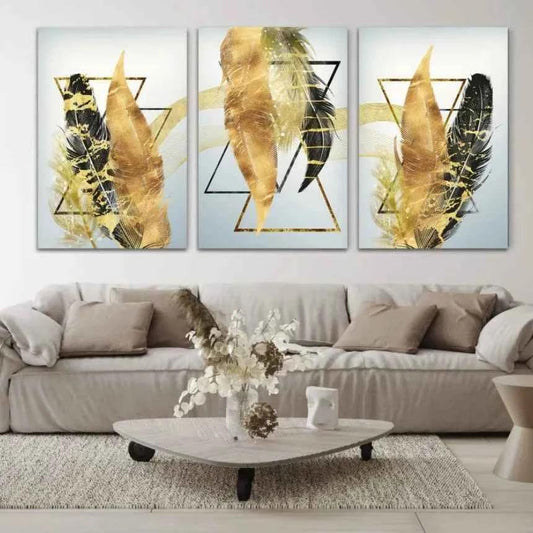 Golden Feathers Geometric Glass Wall Art