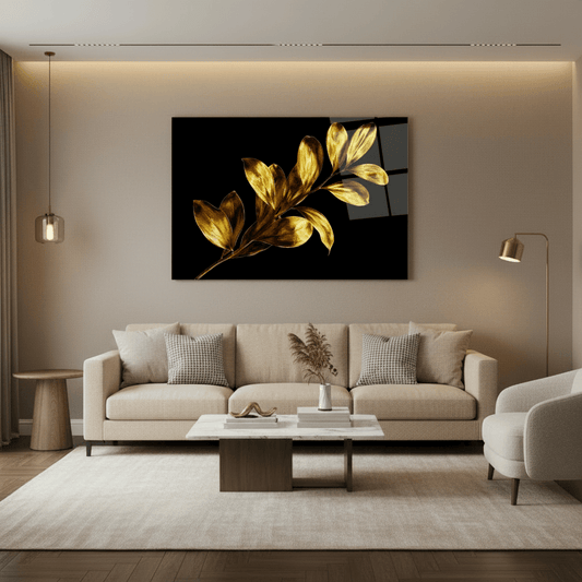 Feuilles D'or Tableau en Verre Trempé