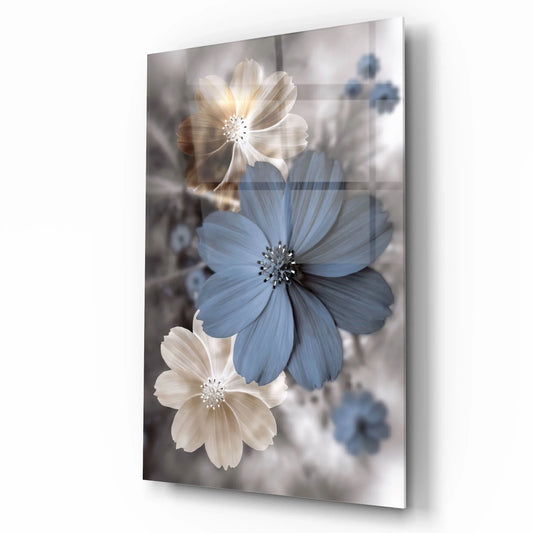 Blue & Beige Flower Glass Wall Art - LUXARTDECO