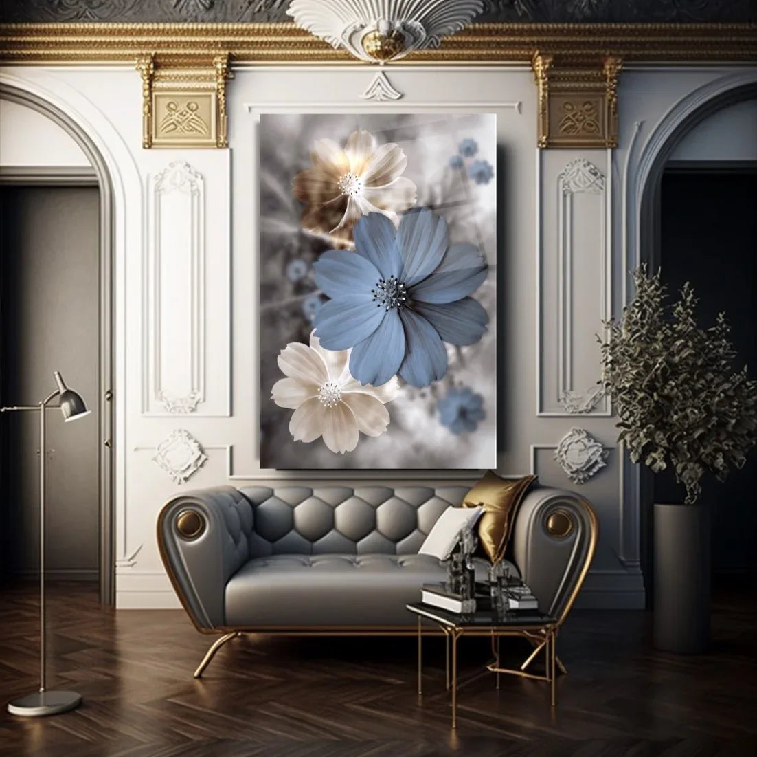 Blue & Beige Flower Glass Wall Art - LUXARTDECO