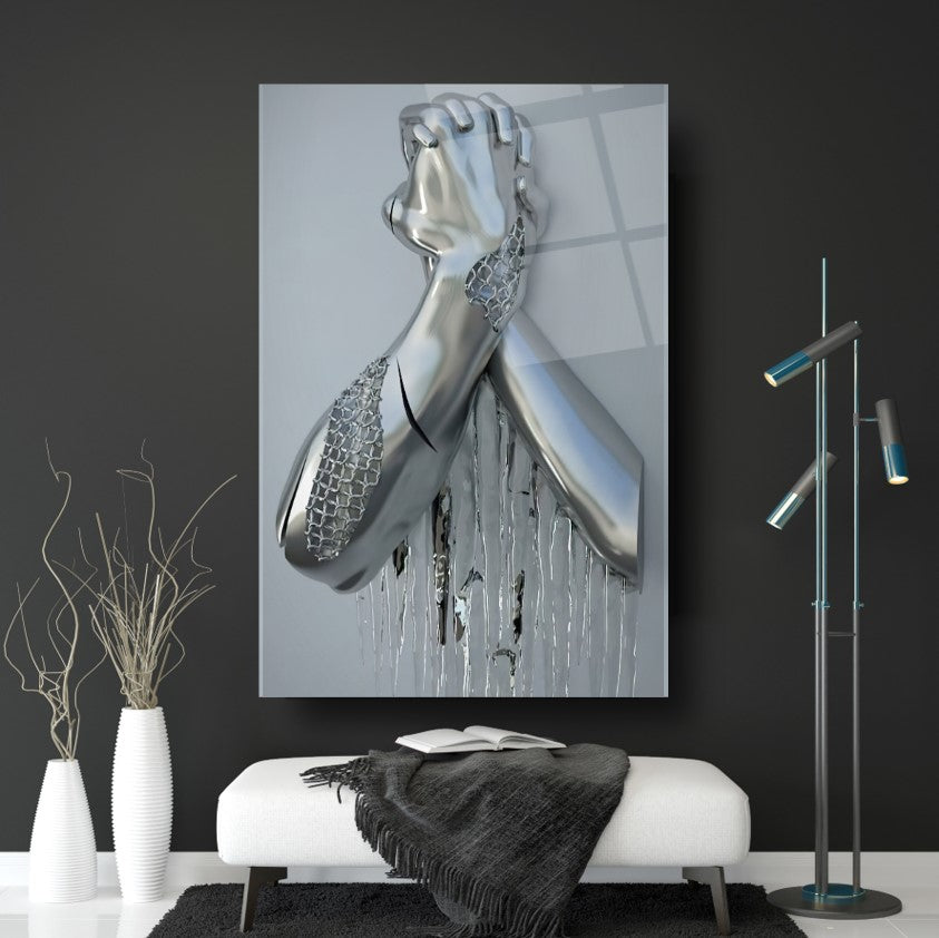 Art mural en verre avec mains en métal