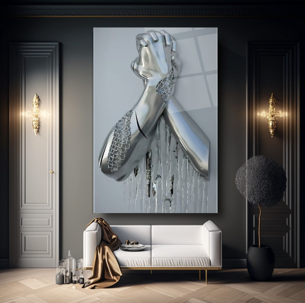 Art mural en verre avec mains en métal