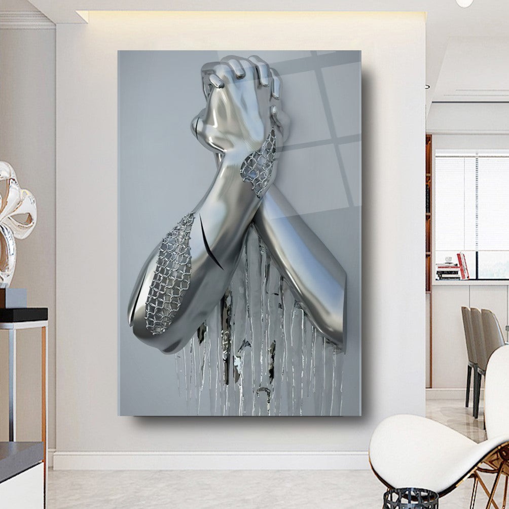 Art mural en verre avec mains en métal