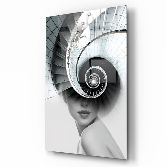 Girl and Stairs Glass Wall Art