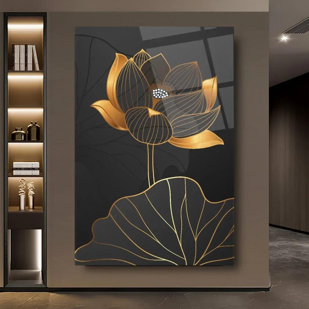 Black & Gold Flower Glass Wall Art - LUXARTDECO