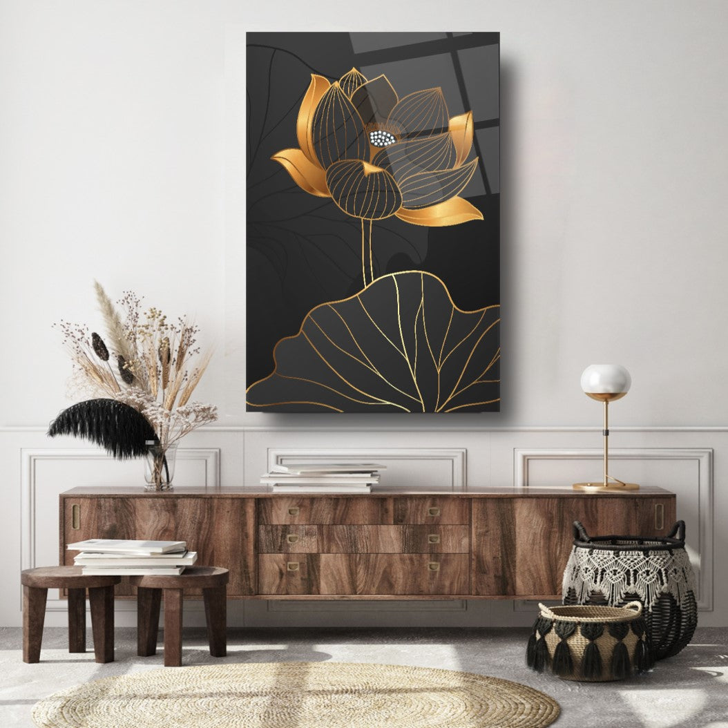 Black&Gold Flower Glass Wall Art