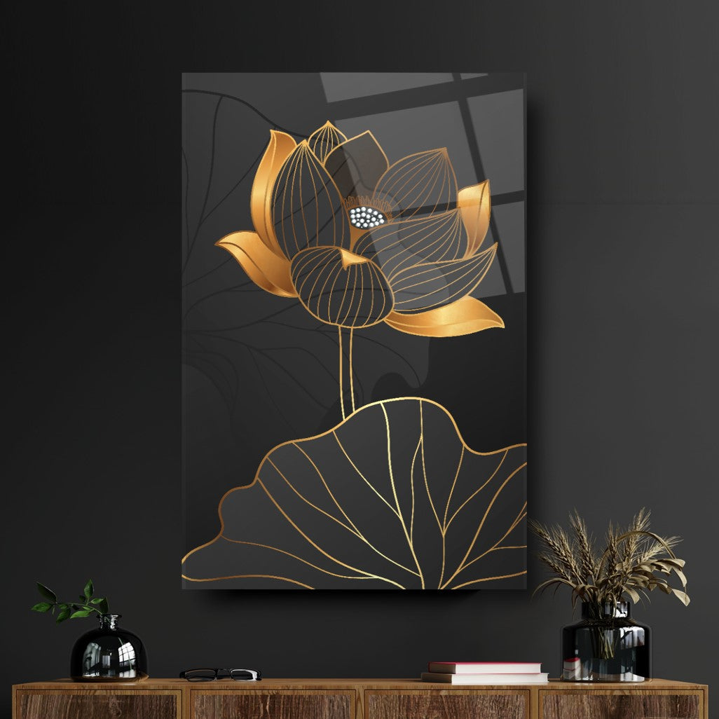Black&Gold Flower Glass Wall Art