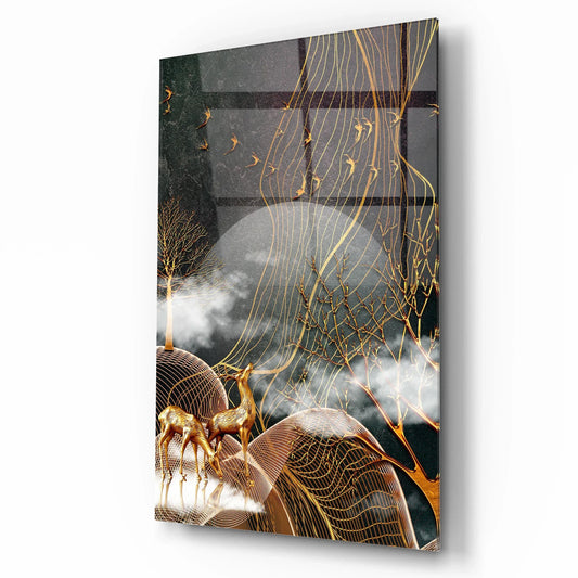 Golden Deers Glass Wall Art - LUXARTDECO