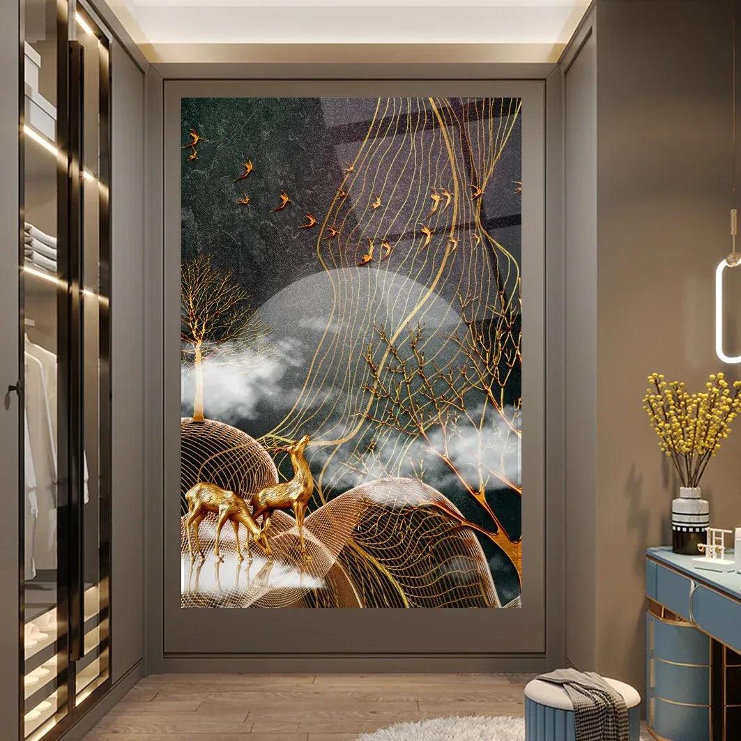 Golden Deers Glass Wall Art - LUXARTDECO