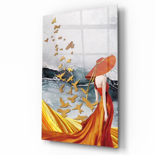La Femme et les Oiseaux Tableau en Verre Trempé