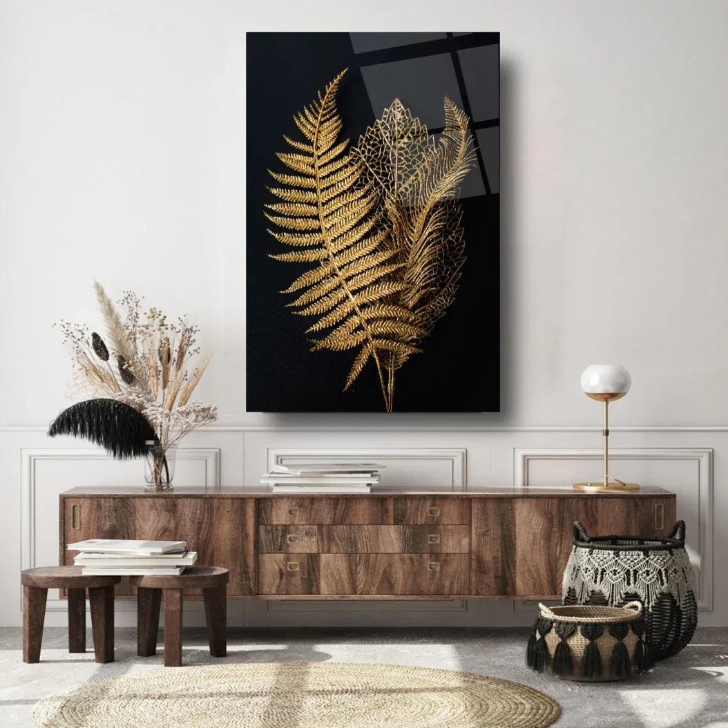 Golden Leaves Glass Wall Art - LUXARTDECO