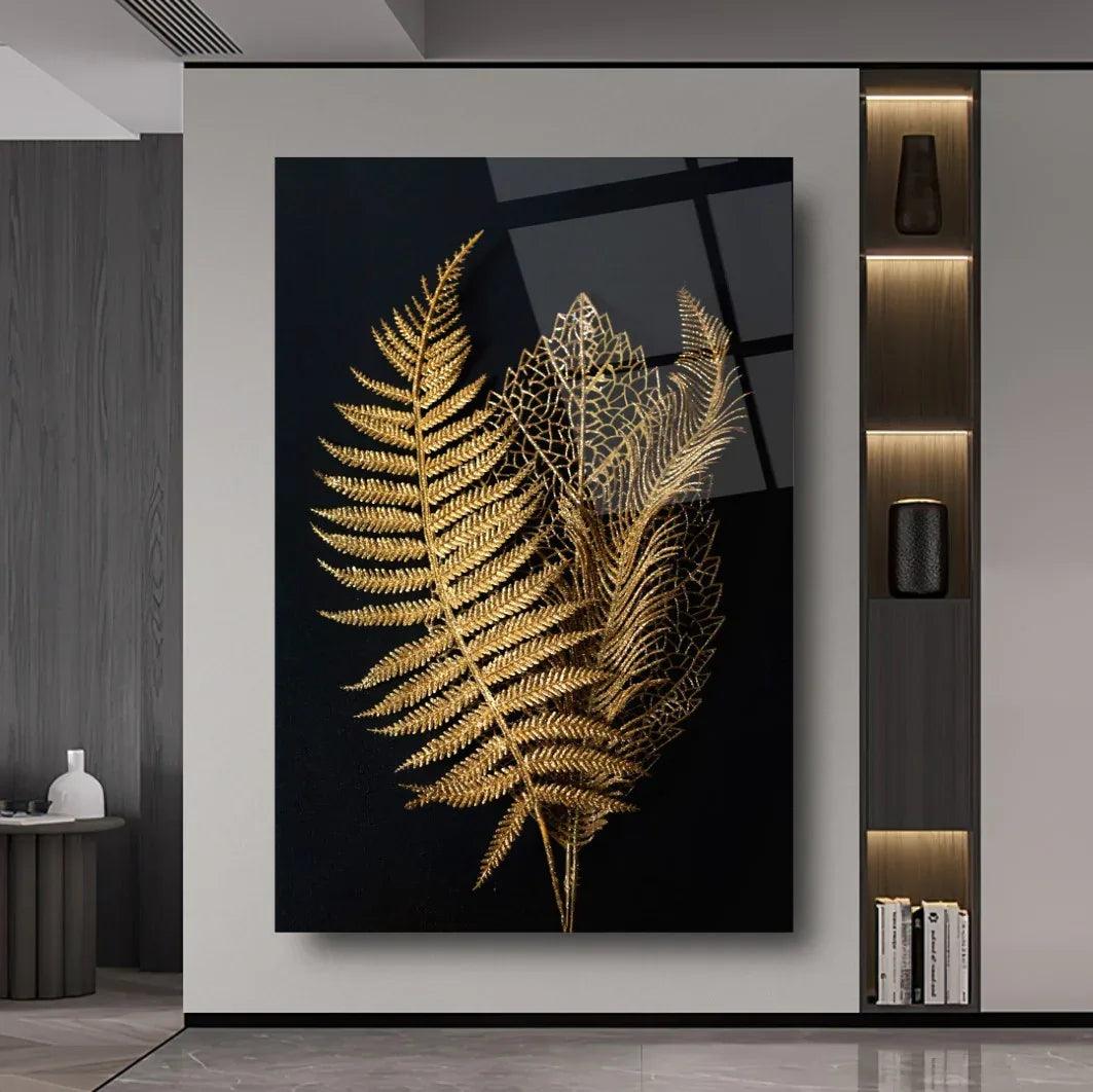 Golden Leaves Glass Wall Art - LUXARTDECO