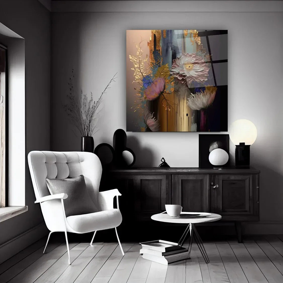 Blue and Pink Flowers Glass Wall Art - LUXARTDECO