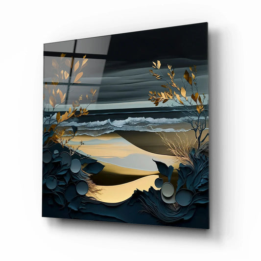 Blue and Gold Nature Glass Wall Art - LUXARTDECO