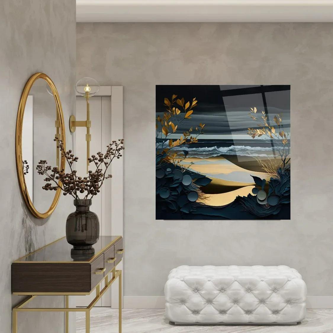 Blue and Gold Nature Glass Wall Art - LUXARTDECO