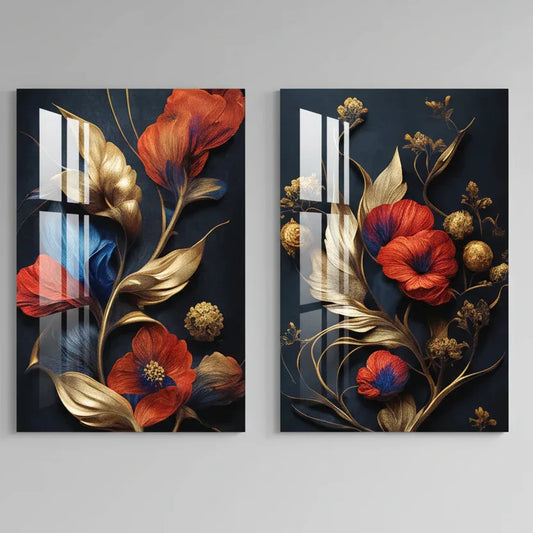 Red Flowers Blue Gold Duo Glass Wall Art Set - LUXARTDECO