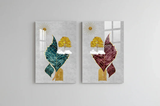Tree Sun Leaves Duo Glass Wall Art Set - LUXARTDECO