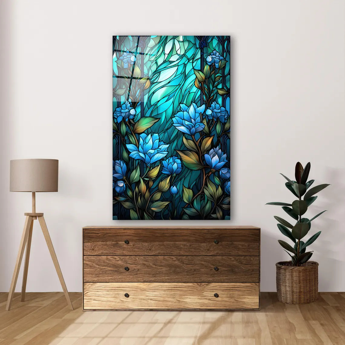 Blue Flowers Glass Wall Art