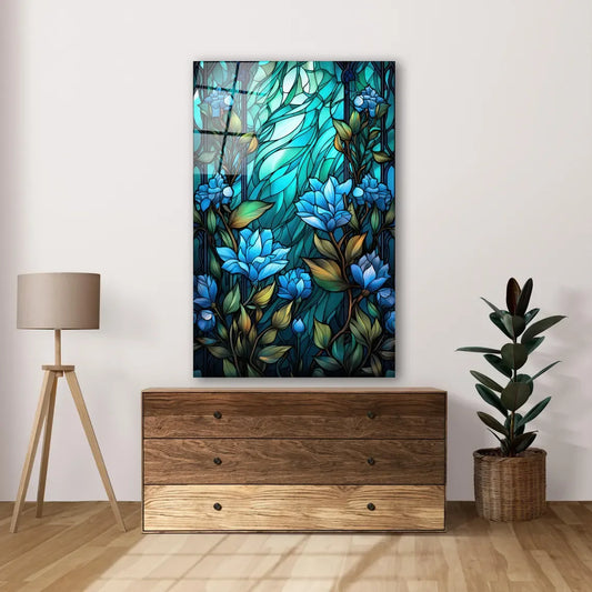 Delicate Blue Flowers Glass Wall Art - LUXARTDECO