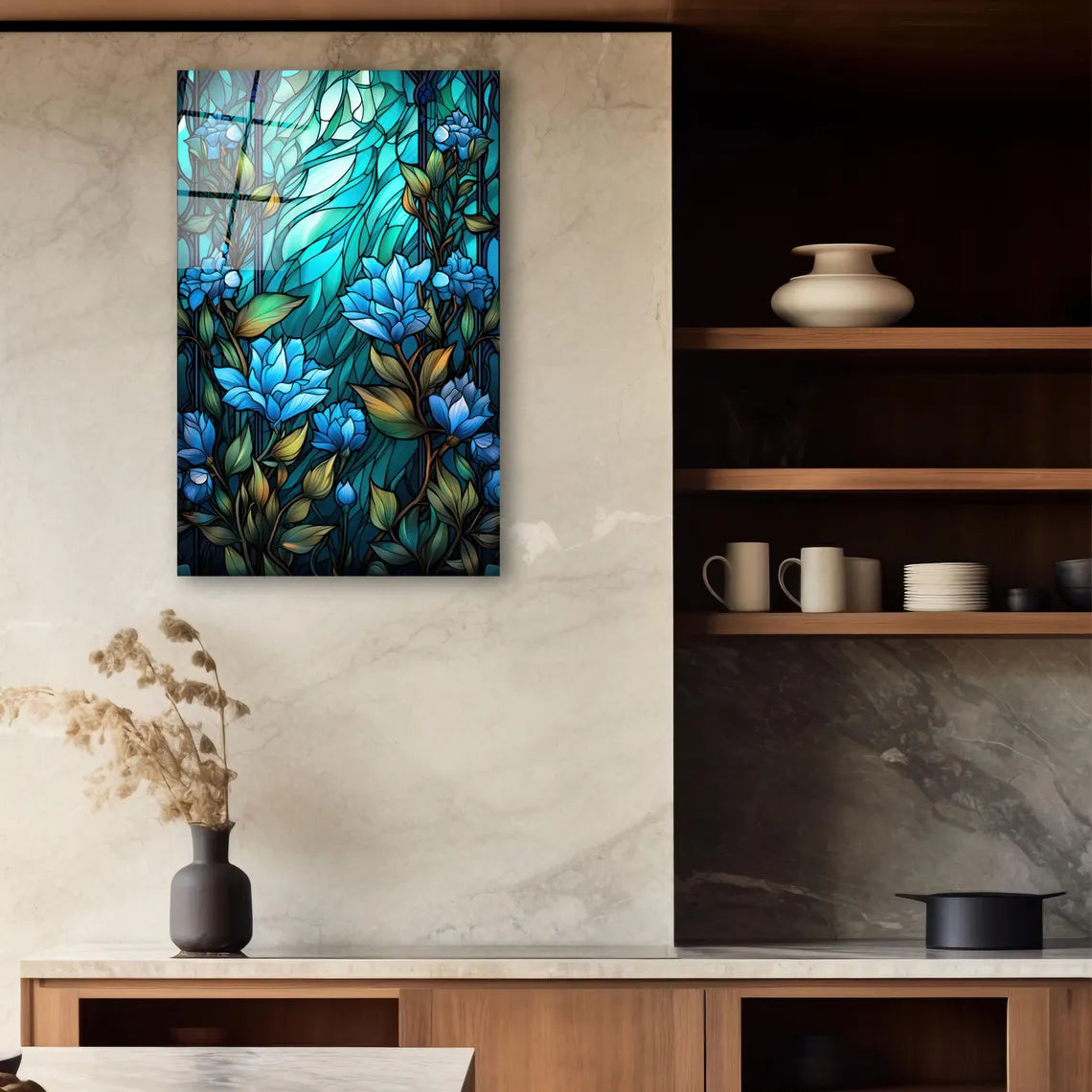 Blue Flowers Glass Wall Art