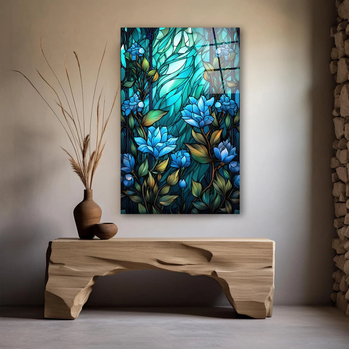 Blue Flowers Glass Wall Art