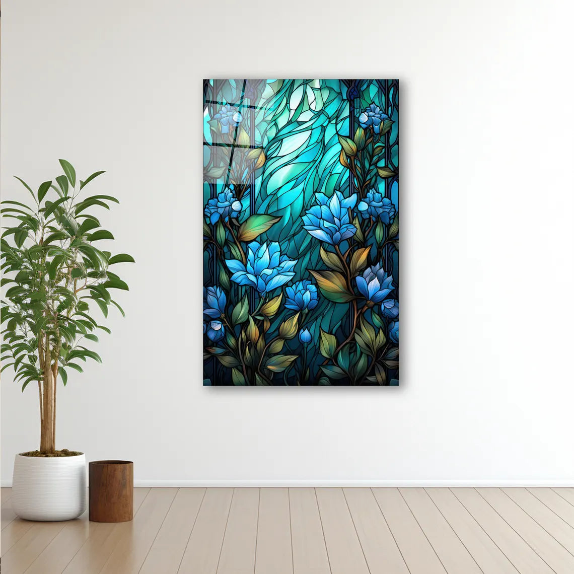 Blue Flowers Glass Wall Art