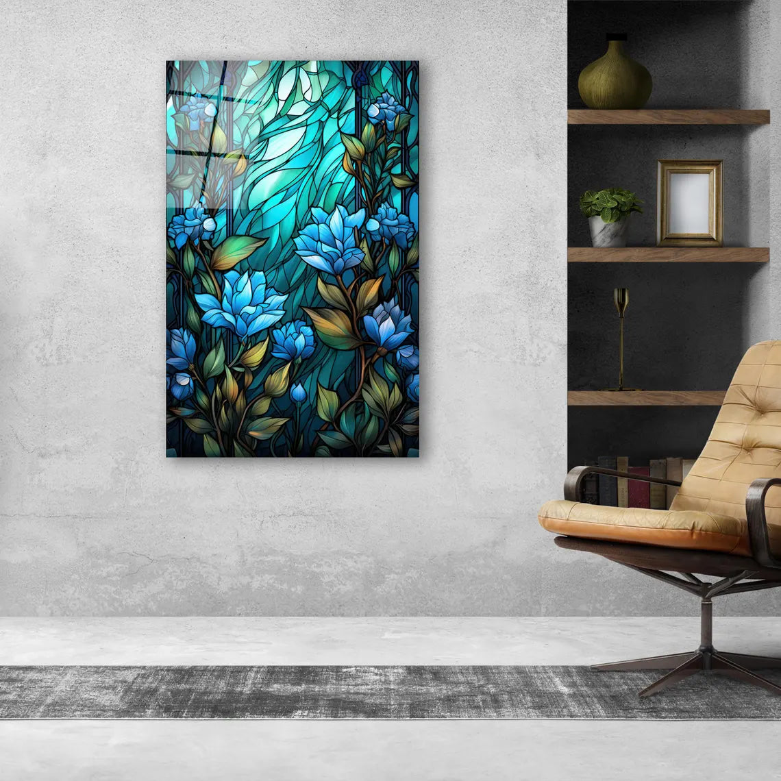 Blue Flowers Glass Wall Art