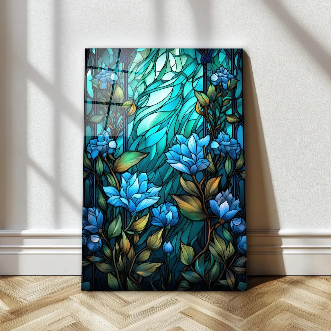 Delicate Blue Flowers Glass Wall Art - LUXARTDECO