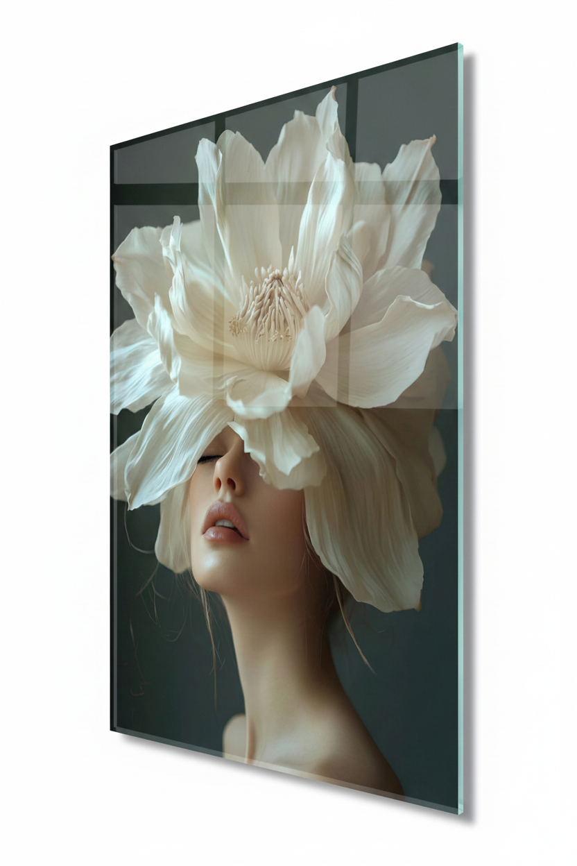 Femme et Fleur de Magnolia Tableau en Verre Trempé