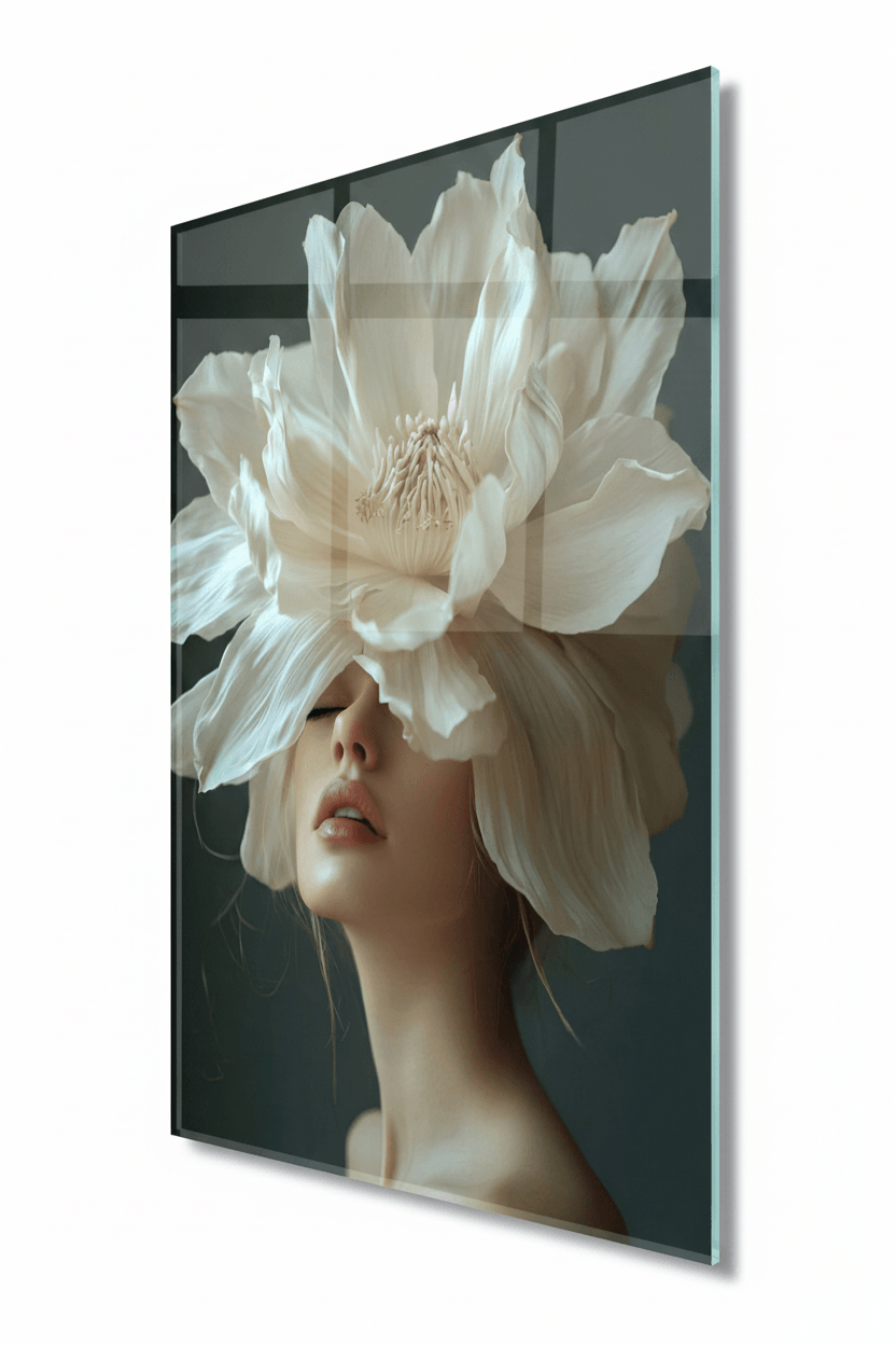 Woman with Magnolia Flower Glass Wall Art