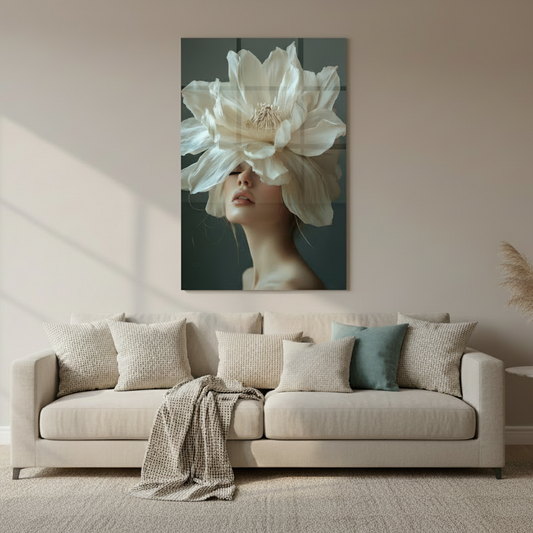Woman with Magnolia Flower Glass Wall Art