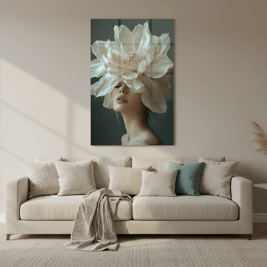 Femme et Fleur de Magnolia Tableau en Verre Trempé