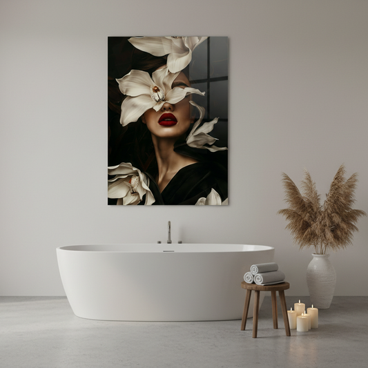 Woman with Orchid Flower Glass Wall Art