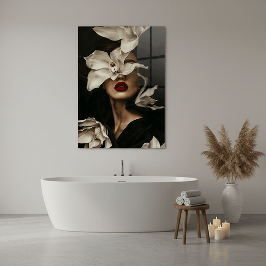 Femme avec une Orchidée Tableau en Verre Trempé