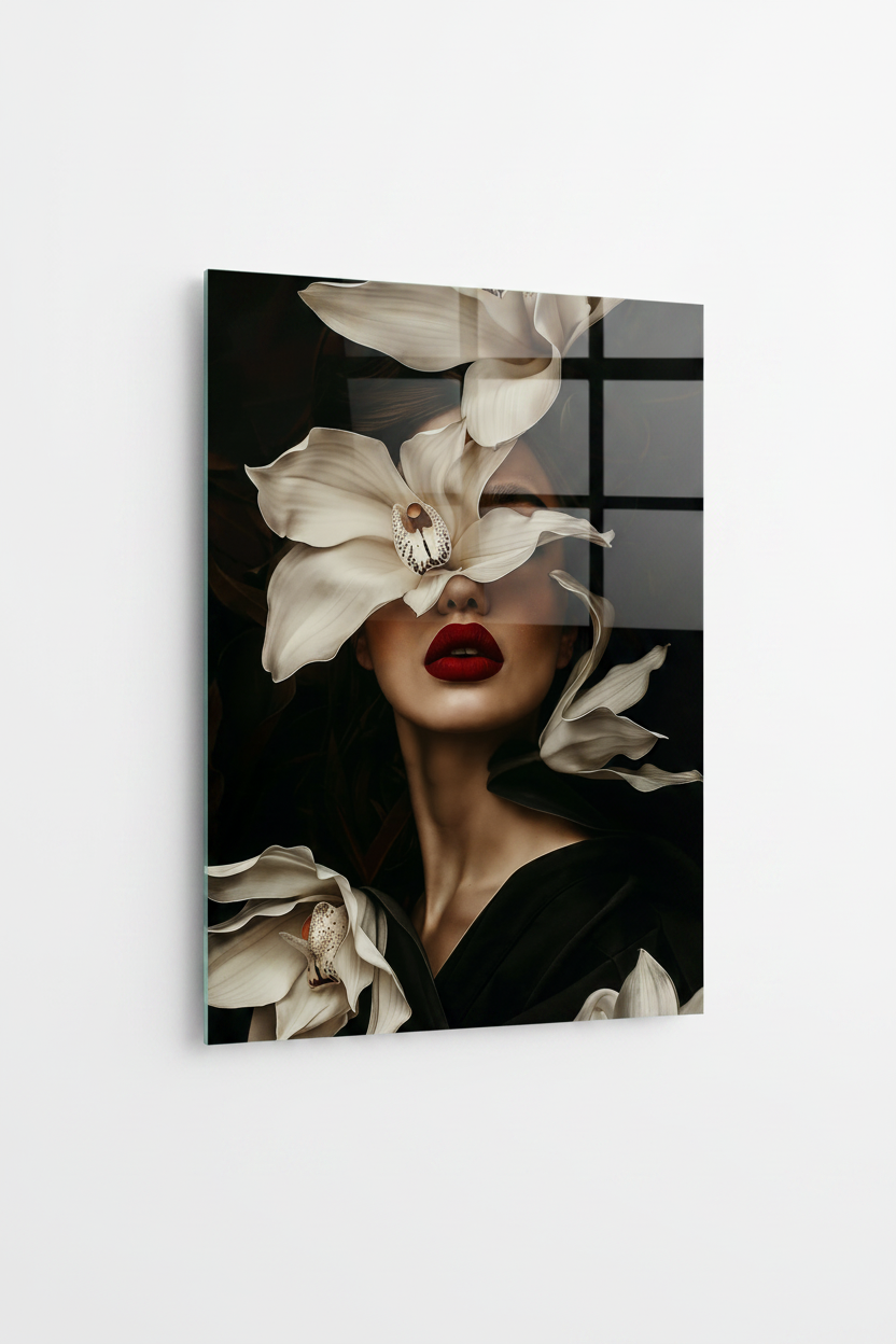 Femme avec une Orchidée Tableau en Verre Trempé