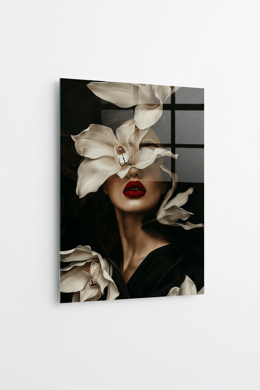 Woman with Orchid Flower Glass Wall Art