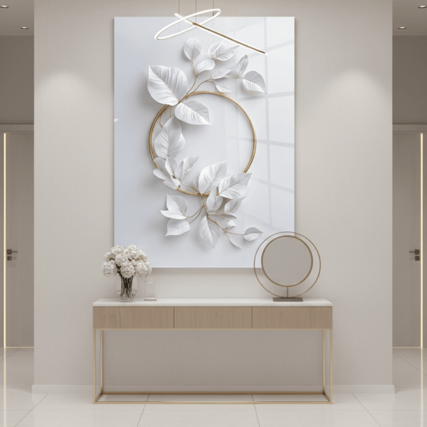 Foglie Bianche e Oro Quadro in Vetro Temperato