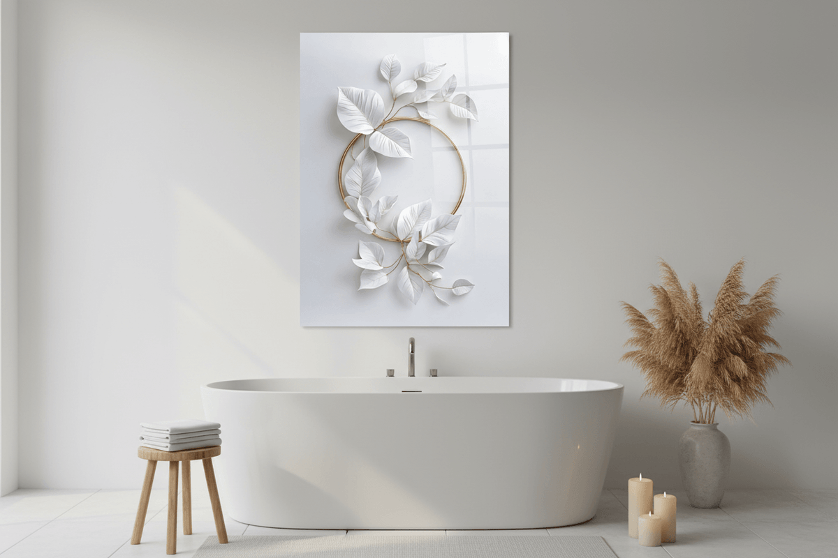 Foglie Bianche e Oro Quadro in Vetro Temperato