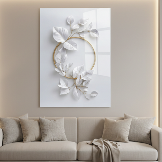 White and Gold Leaves Glass Wall Art