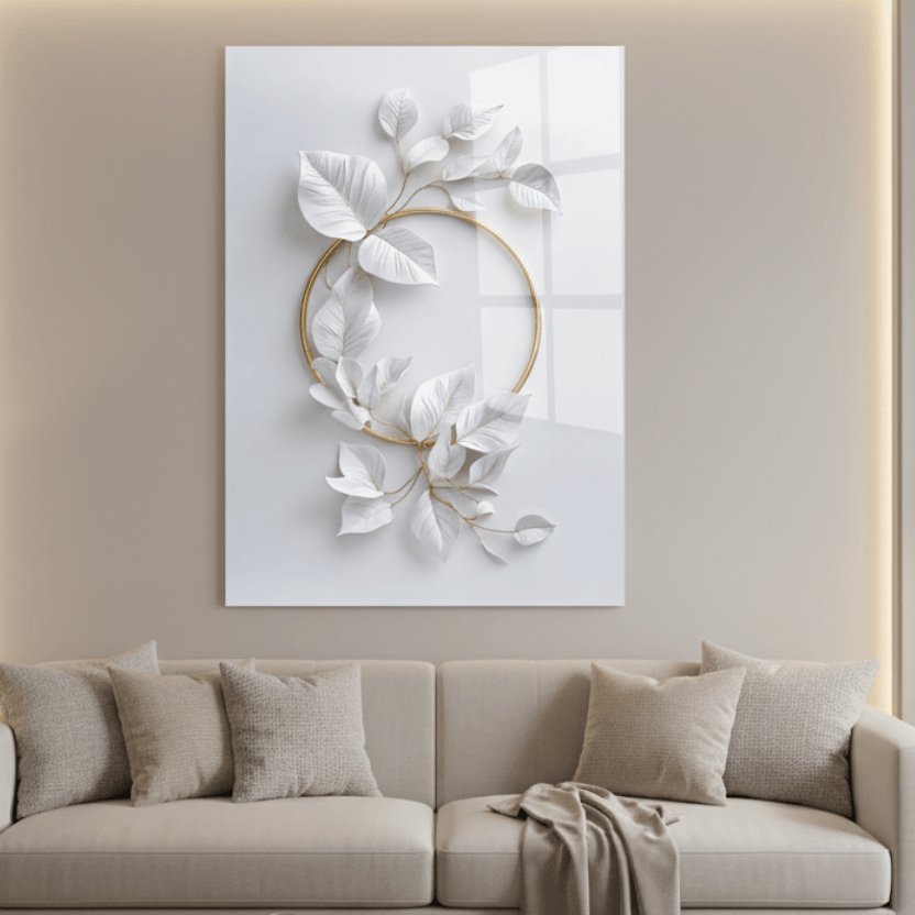 Foglie Bianche e Oro Quadro in Vetro Temperato
