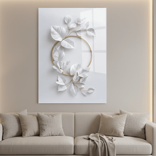 Feuilles Blanches et Dorées Tableau en Verre Trempé