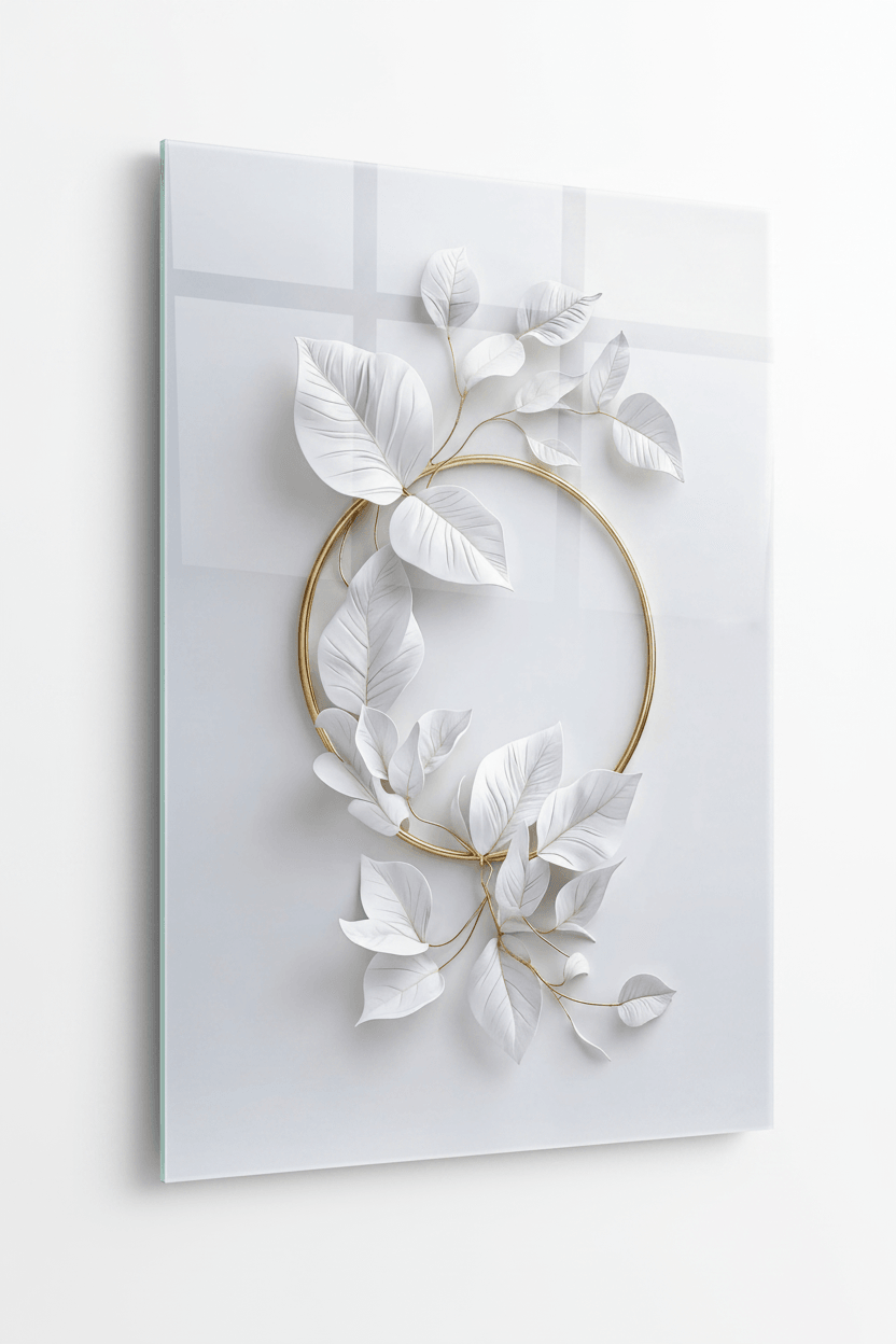 Foglie Bianche e Oro Quadro in Vetro Temperato