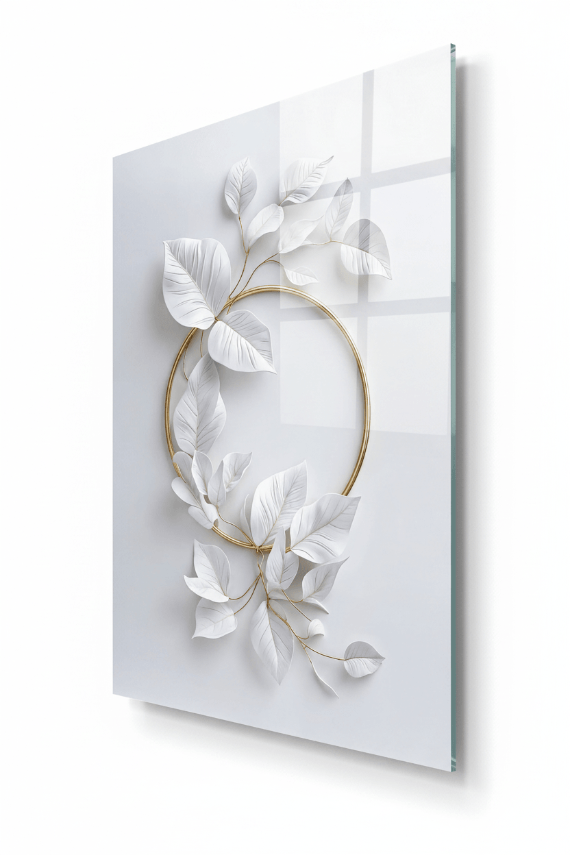 White and Gold Leaves Glass Wall Art