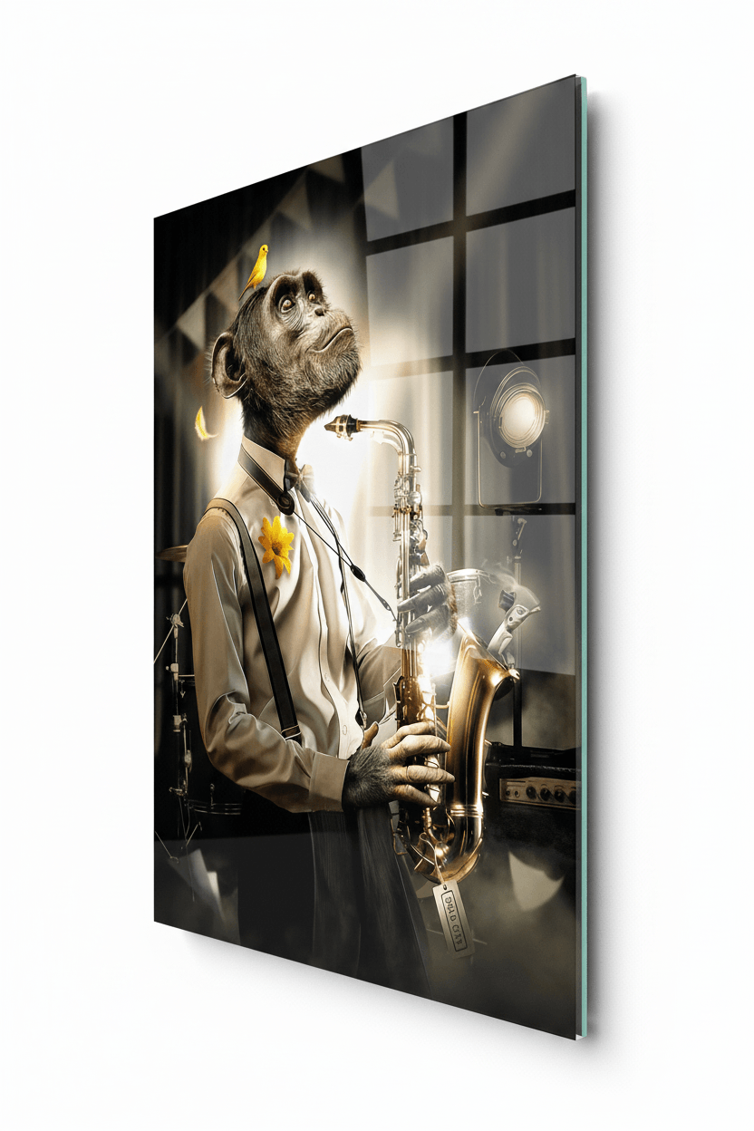 Monkey with Saxophone Glass Wall Art
