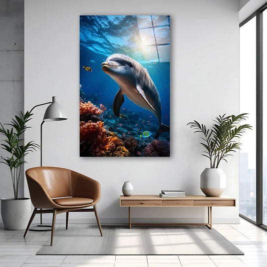 Playful Dolphin Glass Wall Art - LUXARTDECO