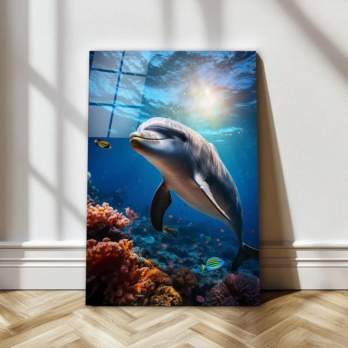 Playful Dolphin Glass Wall Art - LUXARTDECO