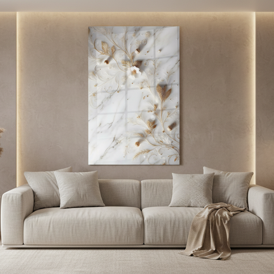 Fiori Bianchi su Marmo Quadro in Vetro Temperato