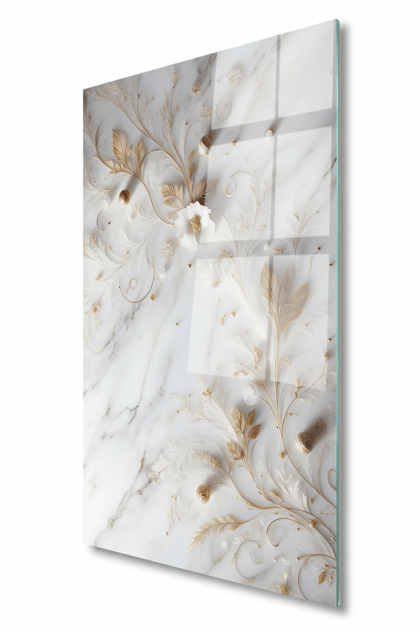 White Flowers on Marble Glass Wall Art